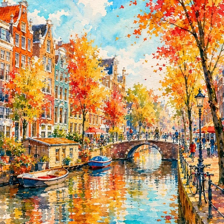Reference photo: autumn canal frontage painted in thick strokes