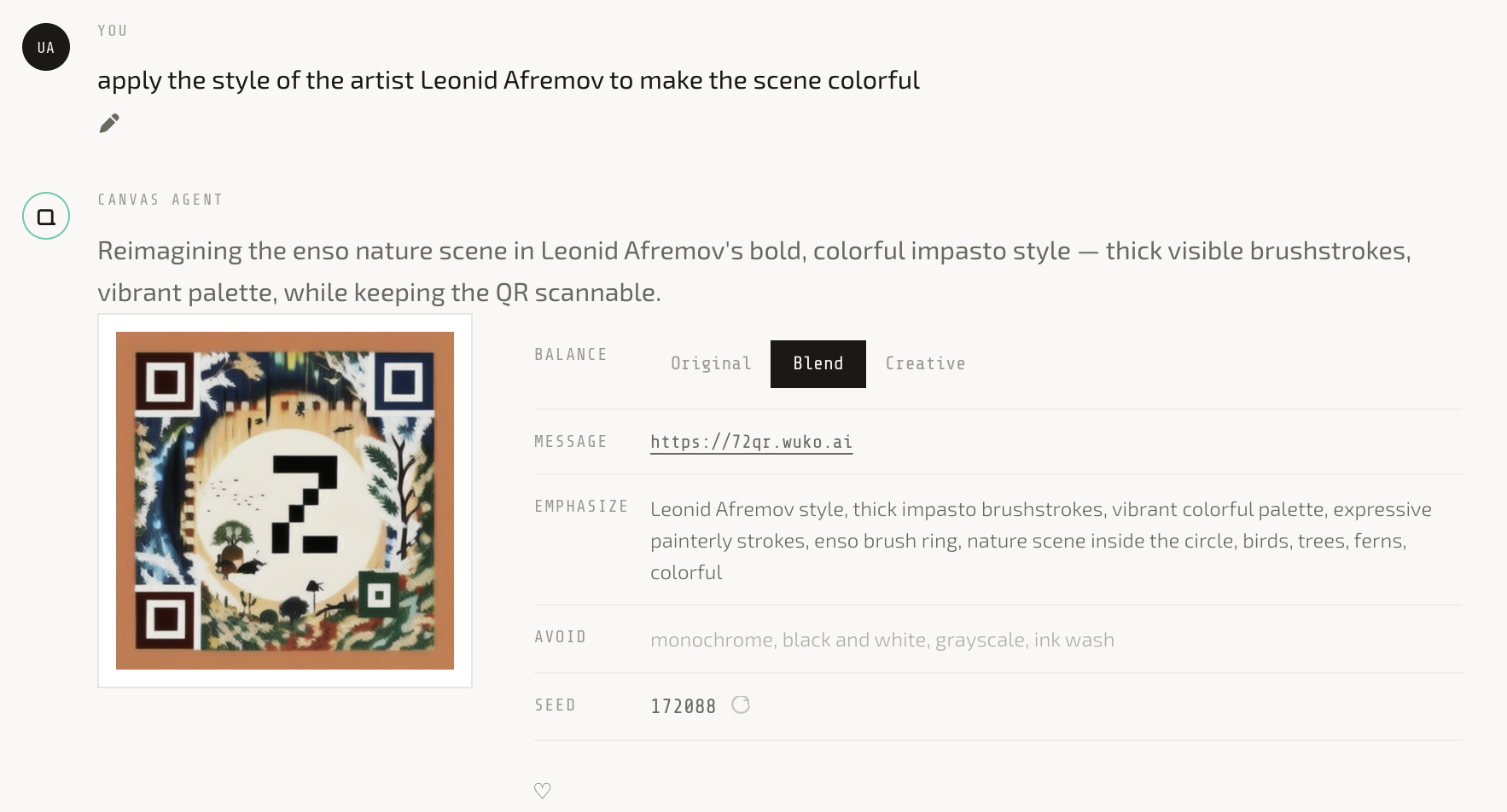A QR result with its meta info: balance, emphasize, content and seed