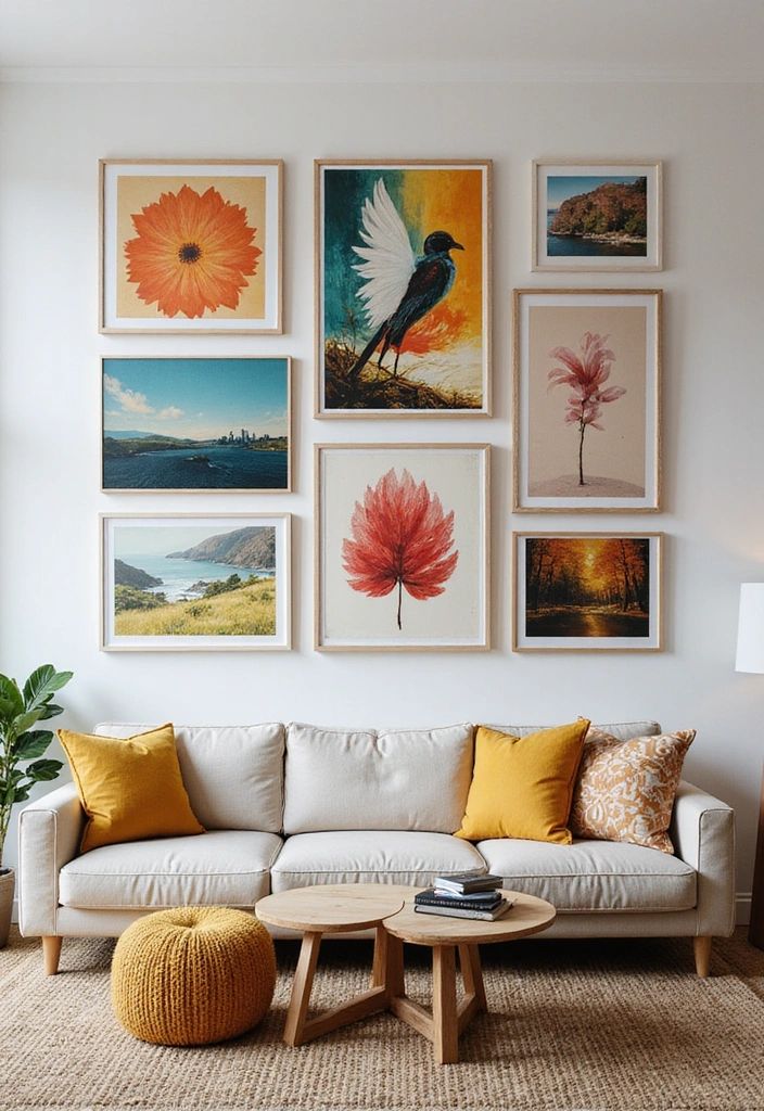 A curated gallery wall of framed artworks above a sofa