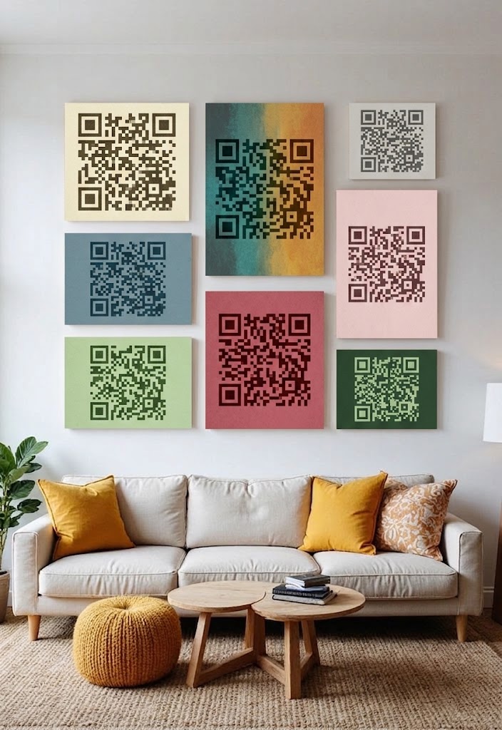 The same wall with colourful QR-code artworks hung among the frames
